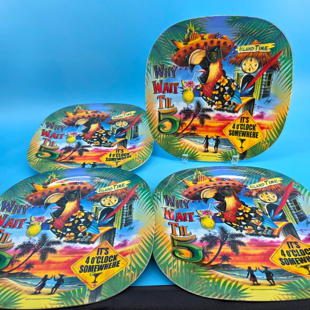 Evergreen Melamine Plates Set 4 Island Time Parrot 4 O\'Clock Somewhere 11"